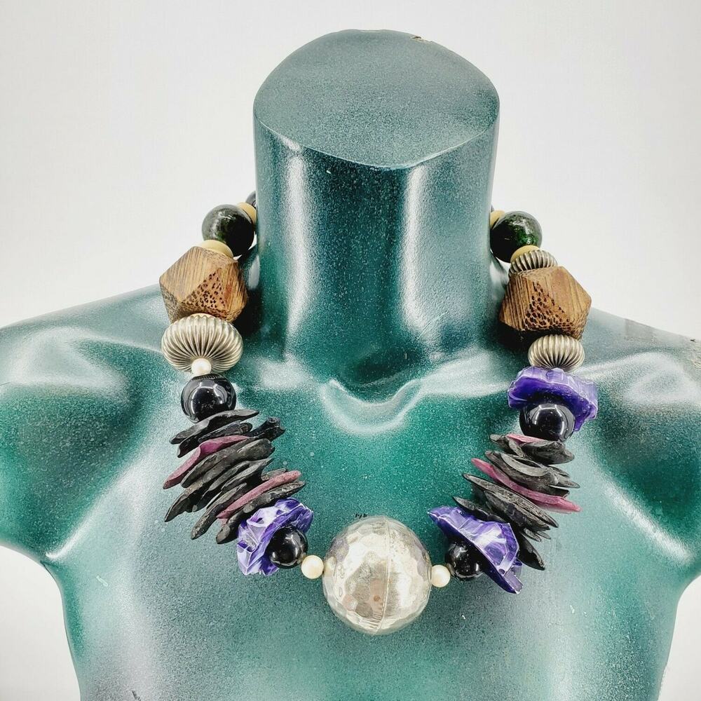 Coreen Vintage Wood Necklace Tribal Chunky Ethnic Bead Statement Art Superb READ